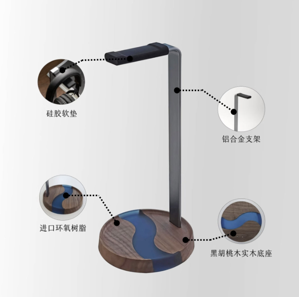Premium Walnut Wood Real Wood Headphone Stand, Wooden Headphone Display Rack, Gaming Creative Over-Ear Headphone Hanger