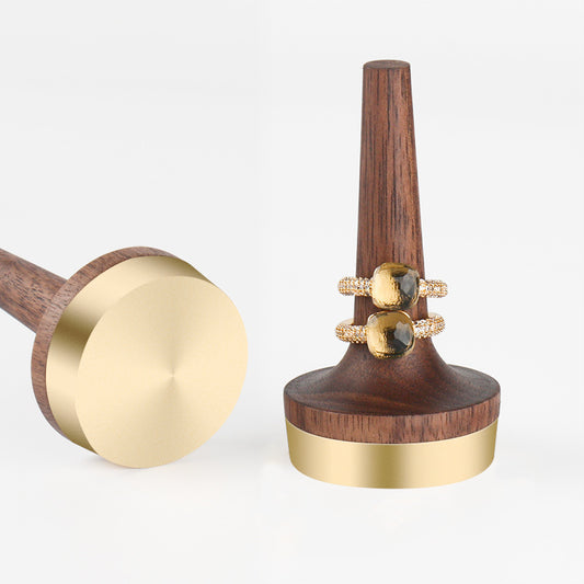 Wooden Walnut & Brass Ring Display Stand, Solid Wood Ring Rack, Custom Logo Printing, Modern Minimalist Style