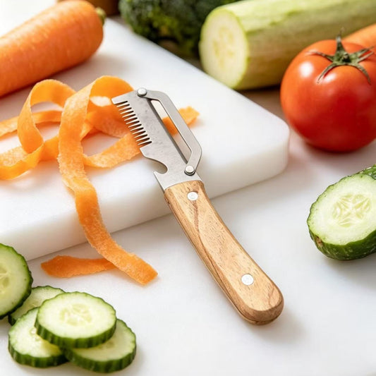 Kitchen Multi-functional Onion and Vegetable Slicer with Wooden Handle, Bottle Opener, Fruit Cutter, Peeler – 2-in-1 Household Knife Tool