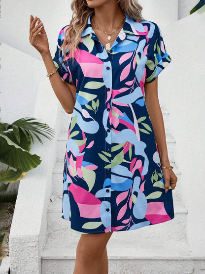 Summer New Fashion Colorful Floral Printed Open Front Short Sleeve Shirt Dress
