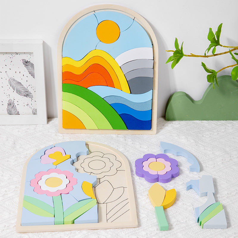 Wooden Children's Cartoon 3D Puzzle for Developing Focus and Early Education - Animal Matching Educational Toy Building Blocks