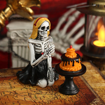 Festive Skull Girl Statue Decoration for Halloween Home Skeleton Scene Resin Craft
