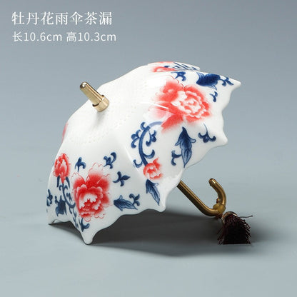 Blue & White Porcelain Umbrella Tea Strainer with Tassel – Chinese Style Ceramic Tea Filter