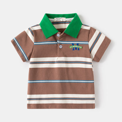 Boys' Short Sleeve T-Shirt, Striped Polo Shirt with Embroidery, Casual Summer Top for Kids