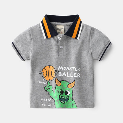 Cartoon Letter Print Short Sleeve Polo Shirt for Boys Casual Summer Style
