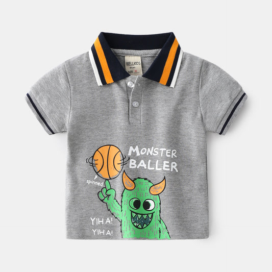 Cartoon Letter Print Short Sleeve Polo Shirt for Boys Casual Summer Style