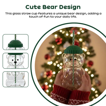 Bear-Shaped Glass Cup with Straw - Cute Cartoon Creative Tumbler for Coffee, Juice, Tea, Novelty New Year Decorative Mug