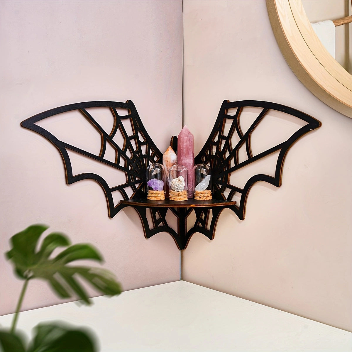 Wooden Bat Spider Web Right Angle Corner Shelf for Bedroom and Bathroom Storage Rack
