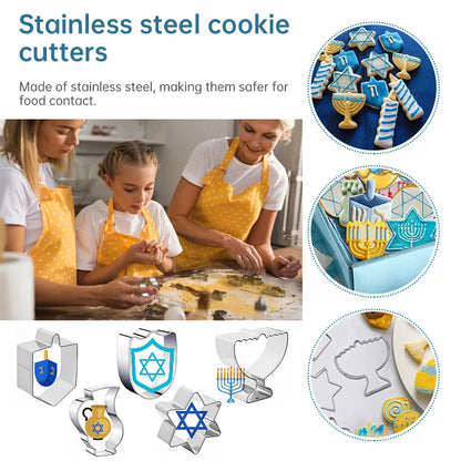 Hanukkah Cookie Cutter Set - 5 Piece Stainless Steel Dreidel, Torah, and Menorah Cookie Molds