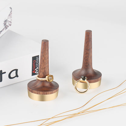 Wooden Walnut &amp; Brass Ring Display Stand, Solid Wood Ring Rack, Custom Logo Printing, Modern Minimalist Style