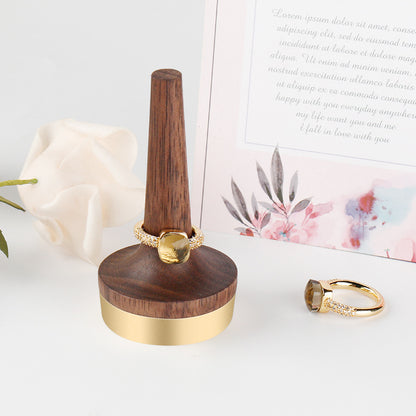 Wooden Walnut &amp; Brass Ring Display Stand, Solid Wood Ring Rack, Custom Logo Printing, Modern Minimalist Style