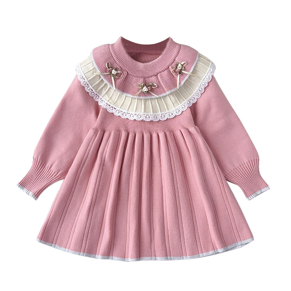 Cute Knit Dress for Girls with Flower Pattern, Long Sleeve Pullover Princess Style Casual Wear