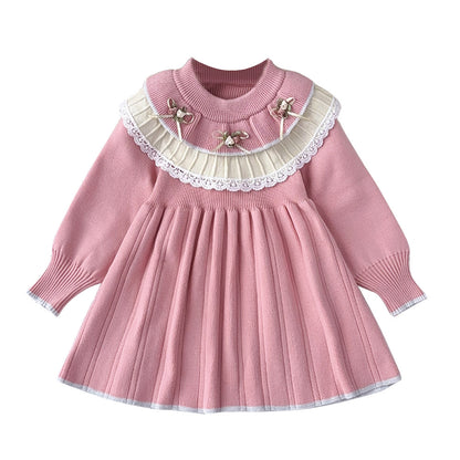 Cute Knit Dress for Girls with Flower Pattern, Long Sleeve Pullover Princess Style Casual Wear