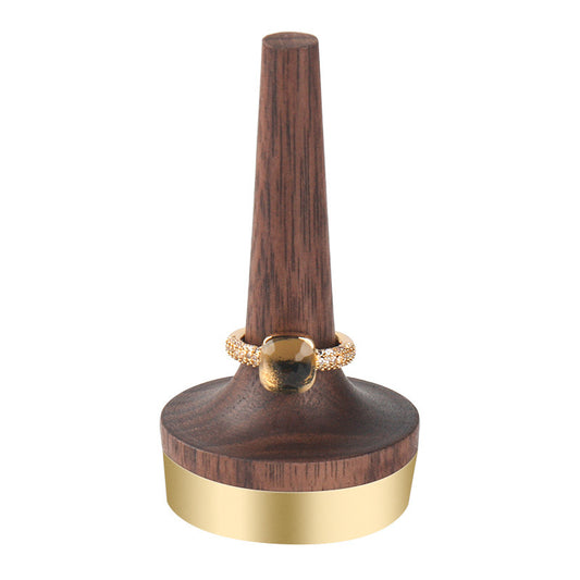 Wooden Walnut &amp; Brass Ring Display Stand, Solid Wood Ring Rack, Custom Logo Printing, Modern Minimalist Style