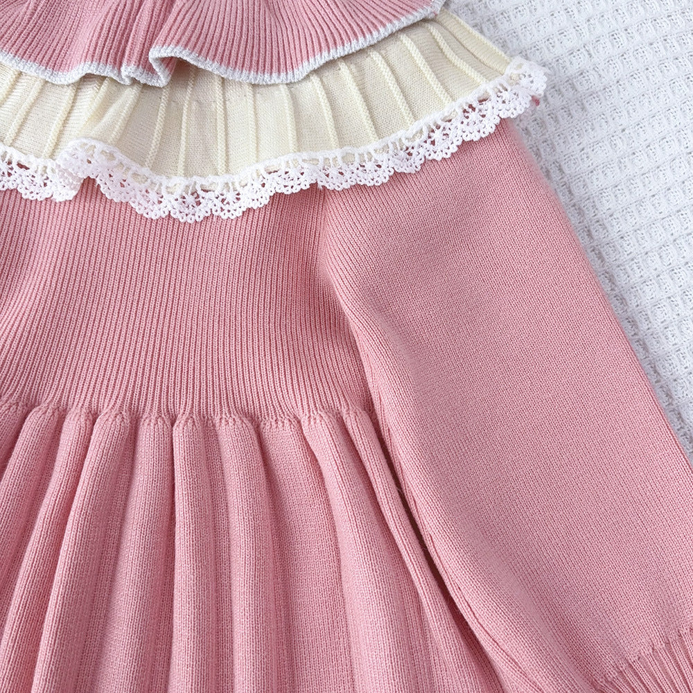 Cute Knit Dress for Girls with Flower Pattern, Long Sleeve Pullover Princess Style Casual Wear