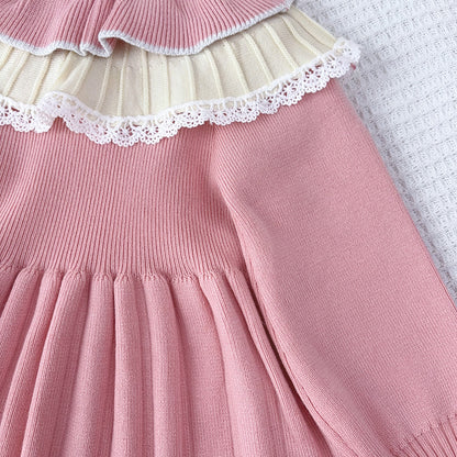 Cute Knit Dress for Girls with Flower Pattern, Long Sleeve Pullover Princess Style Casual Wear